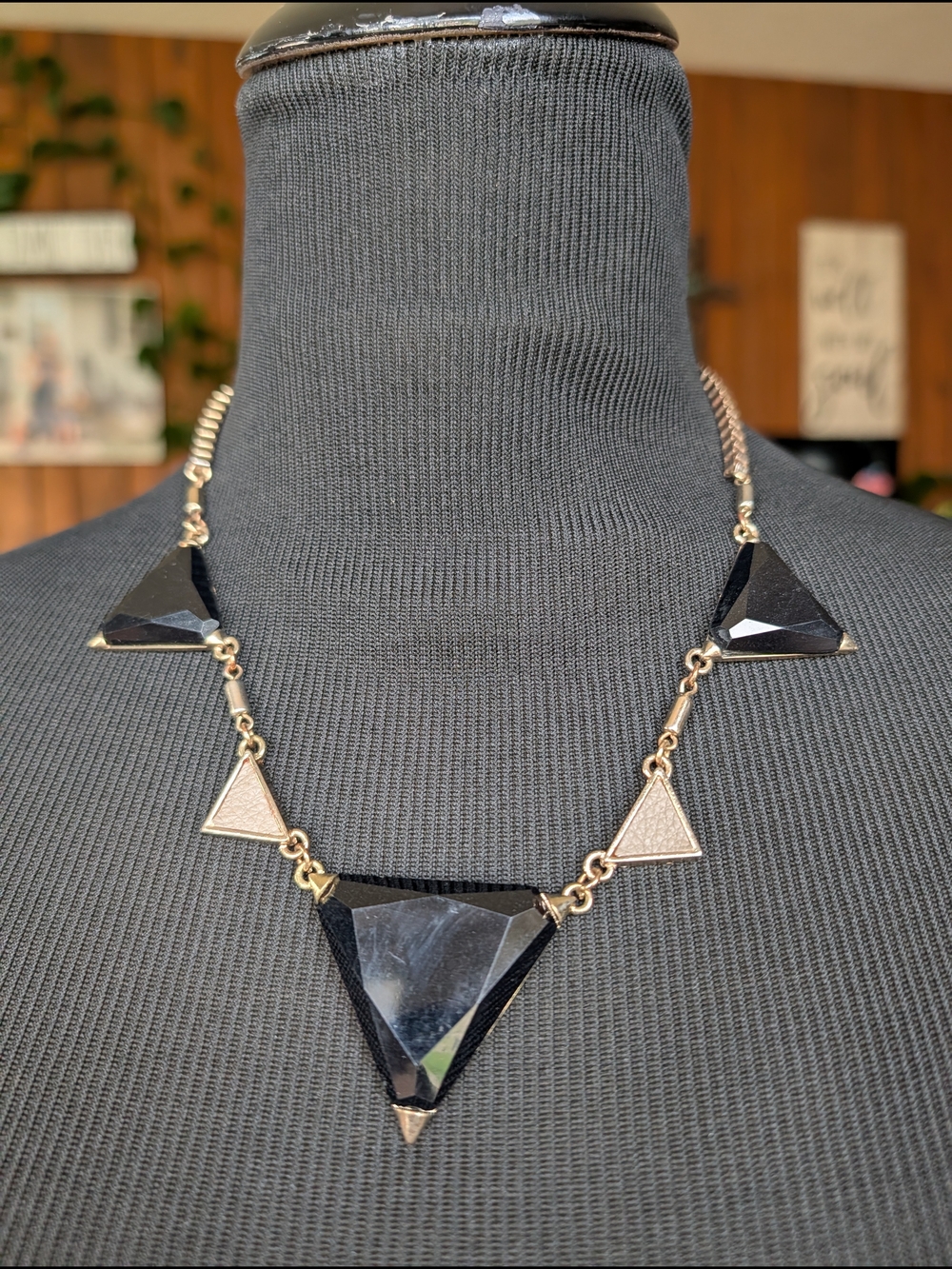 Vintage Gold Tone Black Geometric Triangles Necklace Faux Leather Box Chain 18"